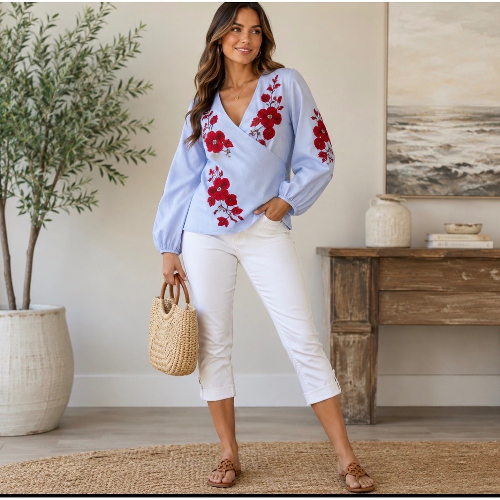 INC International Concepts Embroidered Wrap Blouse M Boho Cottagecore Top Costal